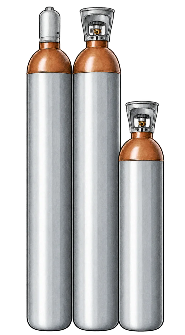 Drie heliumcilinders in verschillende formaten uit de beeldcollectie van Helium.nl