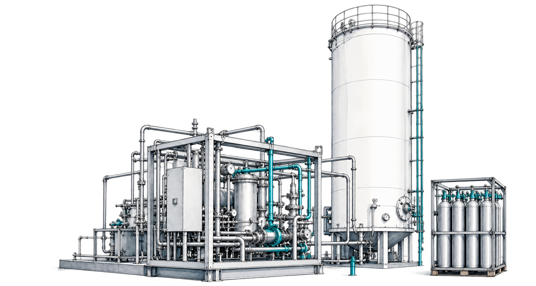 Oorspronkelijke illustratie van een industriële heliuminstallatie